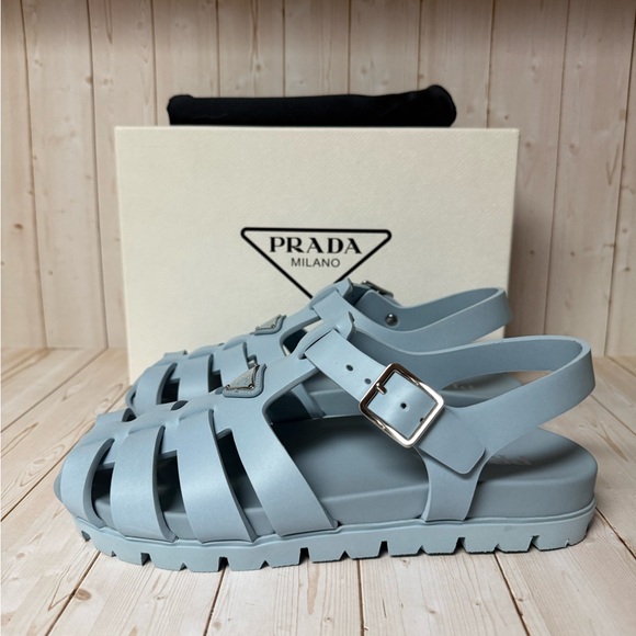 Prada Logo Plaque Rubber Fisherman Sandals Cielo Blue Sz 40 / 10 - Picture 4 of 15